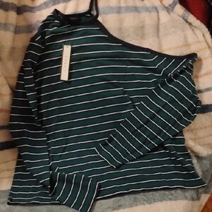 Green and White asymmetricalOne-Shoulder Long Sleeve Top - New with Tag